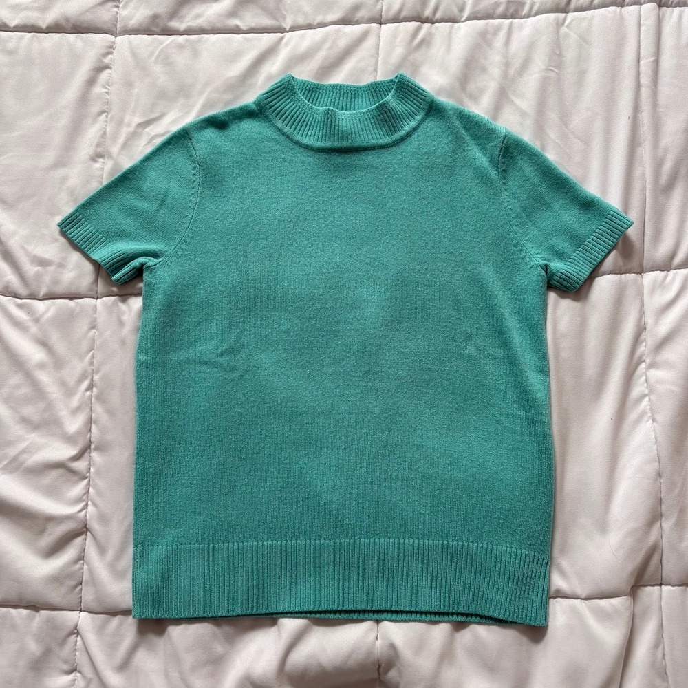 Vintage Petite Teal Green Mock Neck Short Sleeve Sweater Small Softgirl Whimsy